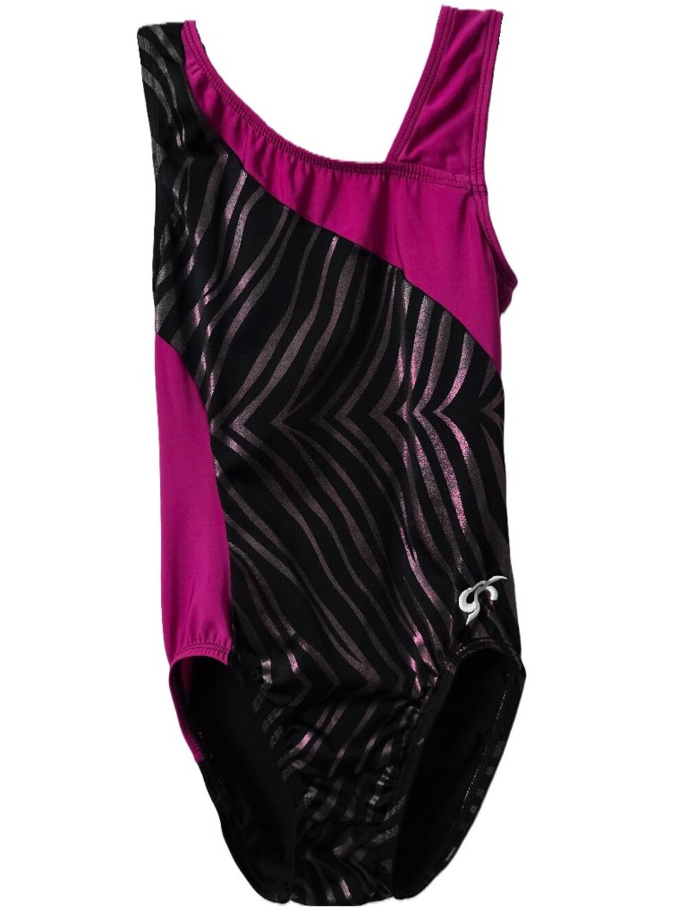 GK Elite Zebra Leotard CL Child Large Leo Purple Foil Shimmer Asymmetric Neck